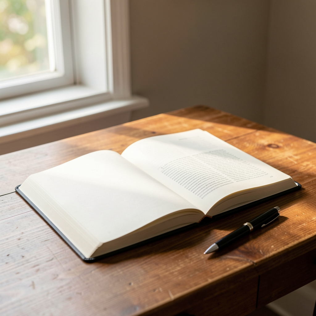 A quiet editorial workspace with an open notebook, a ceramic cup, and pale morning light across a dark wooden desk