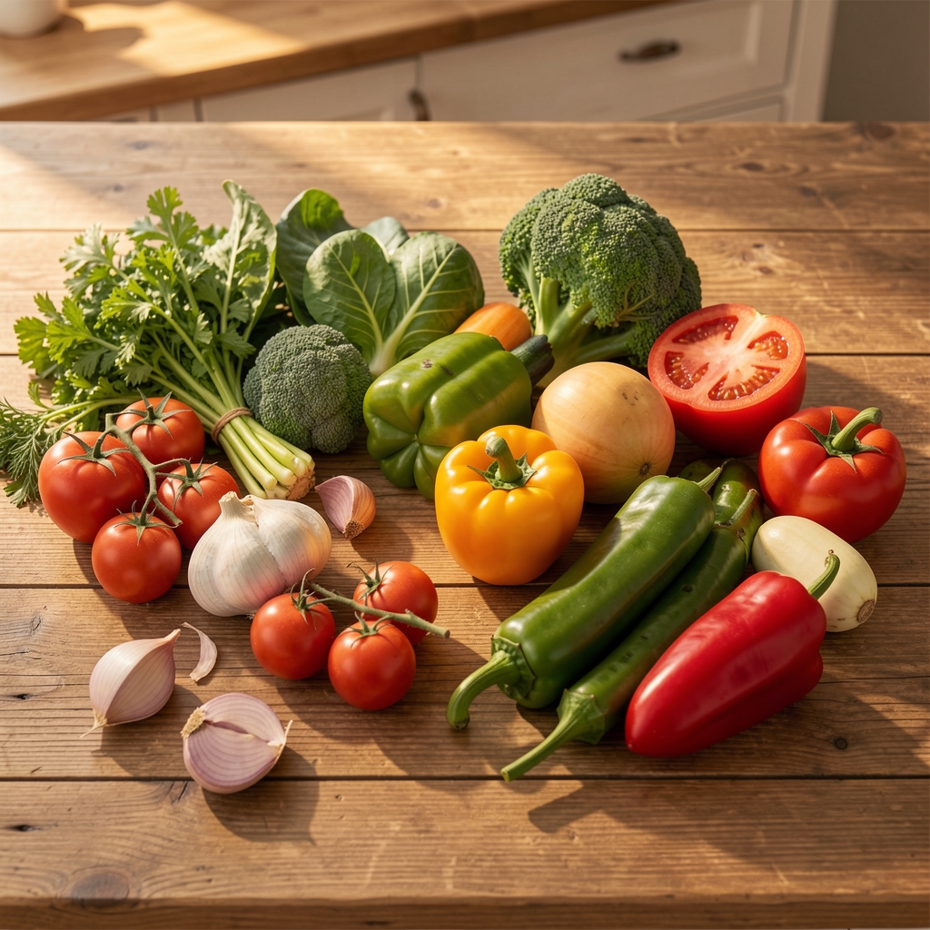 Wooden kitchen surface with seasonal vegetables arranged in a considered flat-lay composition under warm morning light