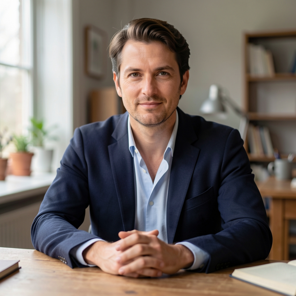 Editorial portrait of a writer at a desk under soft natural light