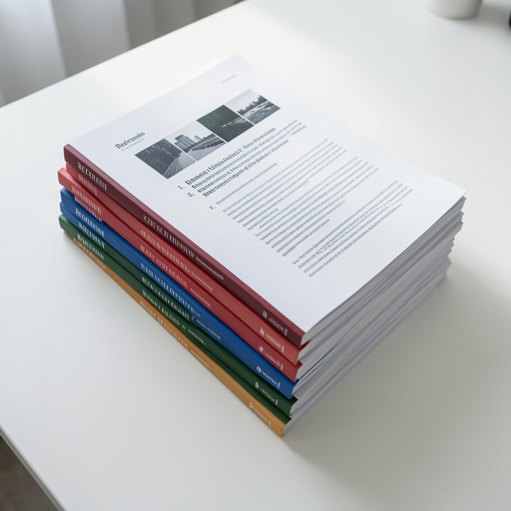 Stack of reference journals and printed research papers on a clean white desk, viewed from above